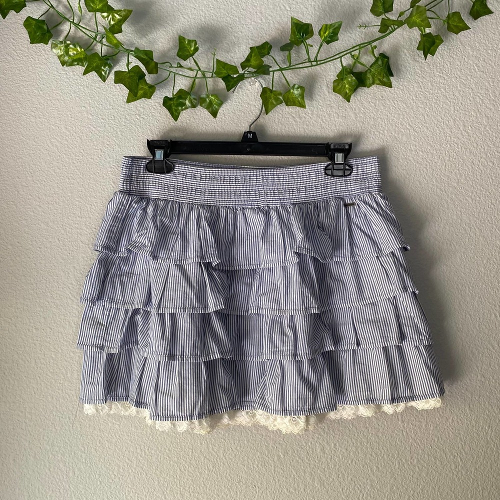 Hollister Blue Pin Striped Tiered Ruffle Mini Circle Skirt